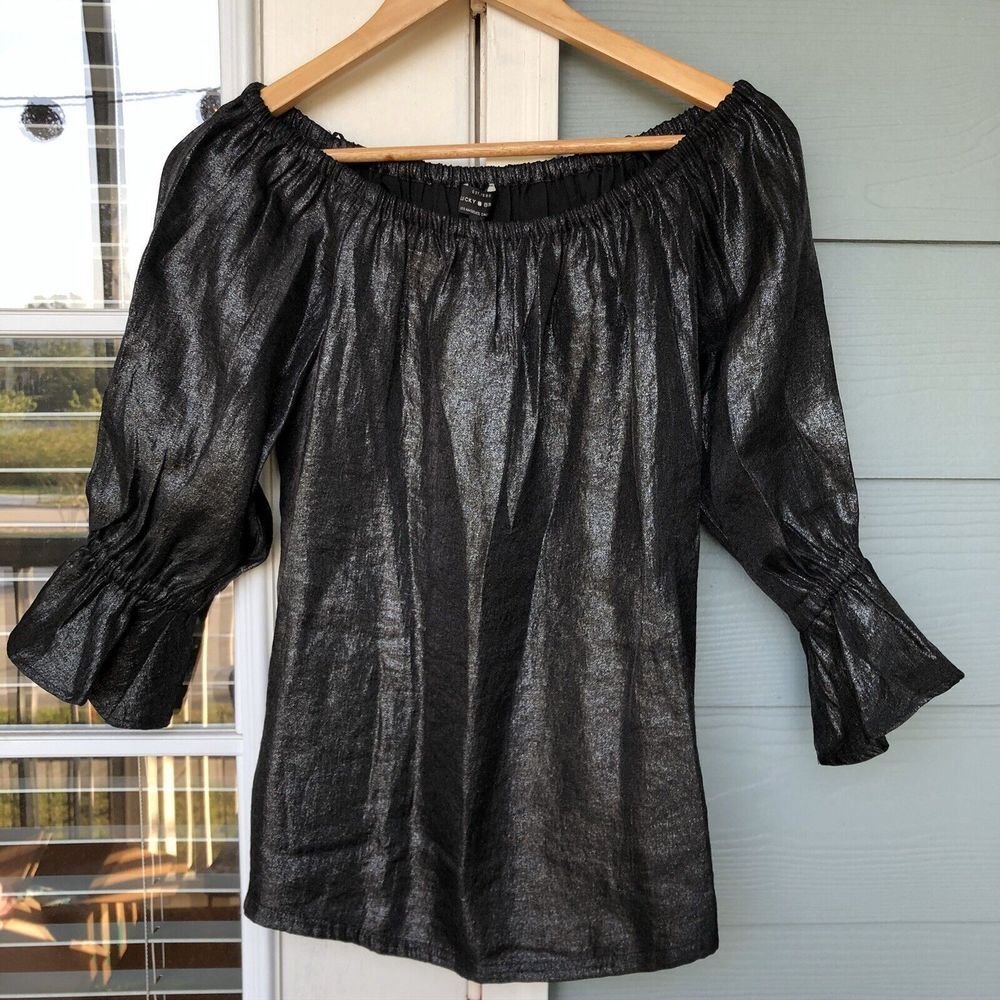 Lucky Brand Metallic Black Off The Shoulder Top Shirt Peasant Ruffle Small $80